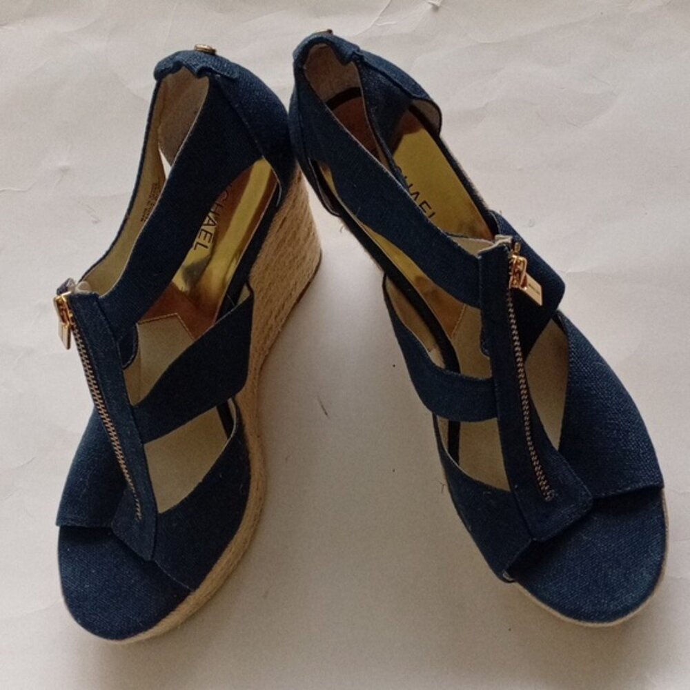 MICHAEL Michael Kors Blue Wedge Espadrille Sandals Gold Zipper Size 10M - Picture 9 of 17